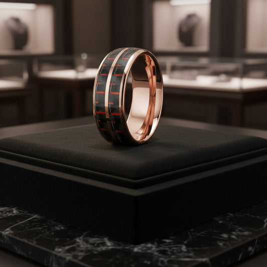 Double Groove Black Red Carbon Fiber Inlay Tungsten Ring