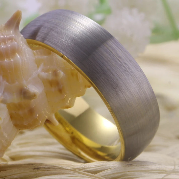 Dull Polish Surface Golden Inside Top Tungsten Ring