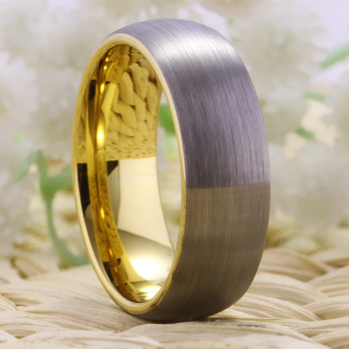 Dull Polish Surface Golden Inside Top Tungsten Ring