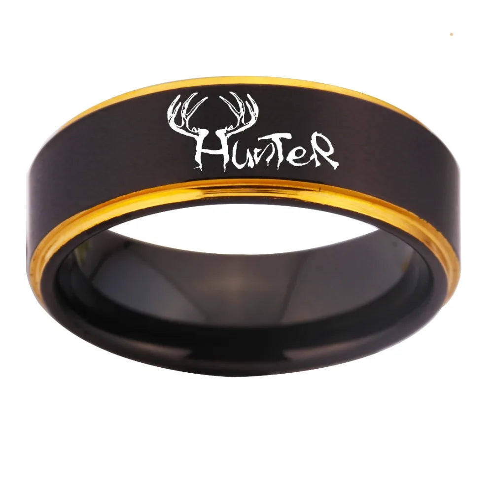 Elks Hunter Design Matte Black With Golden Tungsten Ring