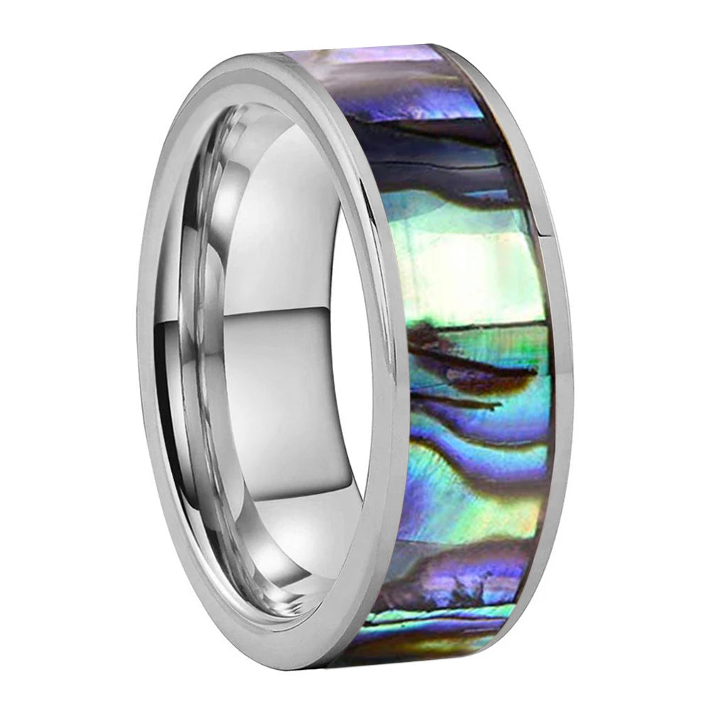 Flat Edge Abalone Tungsten Wedding Ring