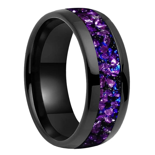 Galaxy Orion Nebula Tungsten Ring with Purple Crystal Inlay