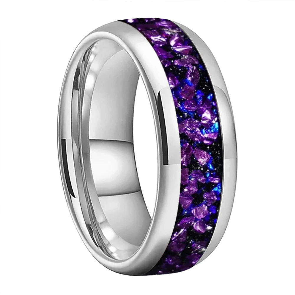 Galaxy Orion Nebula Tungsten Ring with Purple Crystal Inlay