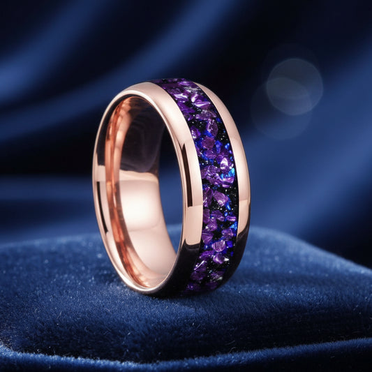Galaxy Orion Nebula Tungsten Ring with Purple Crystal Inlay