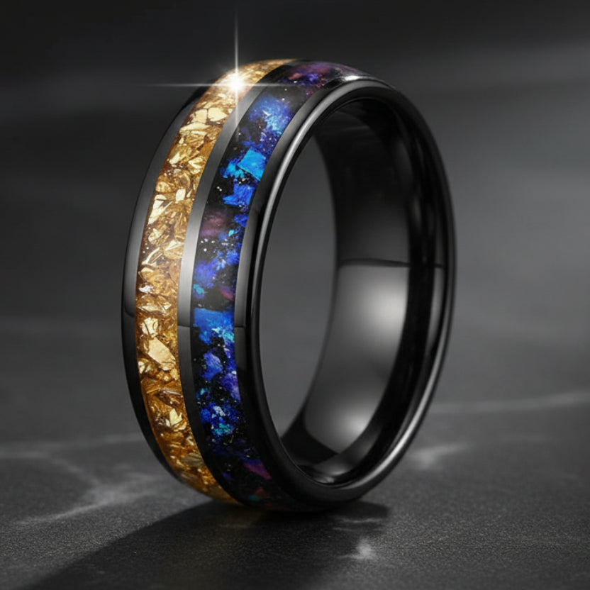 Gold Crystal & Nebula Inlay Tungsten Wedding Band