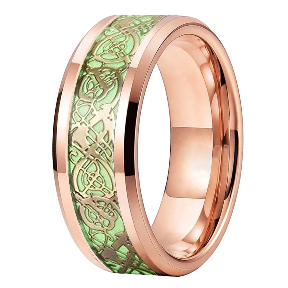 Gold Celtic Dragon tungsten wedding ring with green luminous inlay, unisex design
