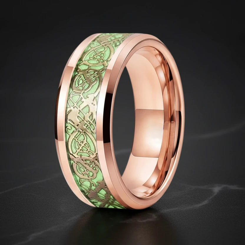 Gold Celtic Dragon tungsten wedding ring with green luminous inlay, unisex design