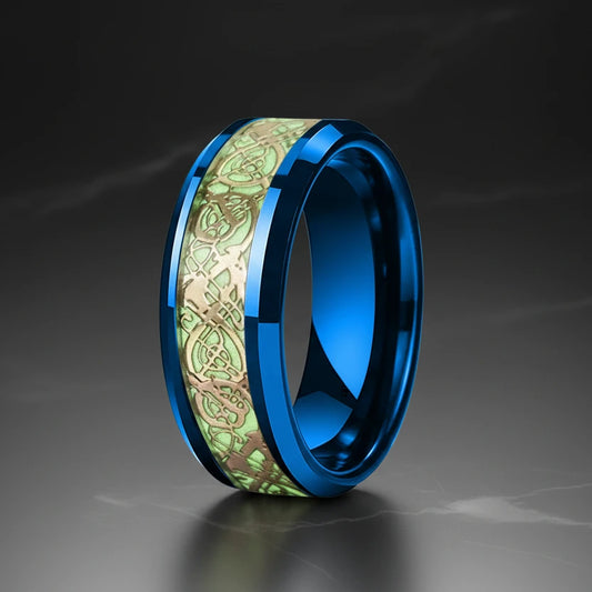 Gold Celtic Dragon Luminous Tungsten Wedding Ring featuring blue tungsten band with luminous gold Celtic dragon inlay.