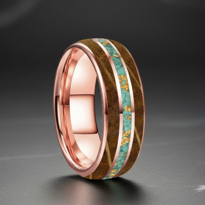 Gold Foil Turquoise Whiskey Wood Tungsten Ring
