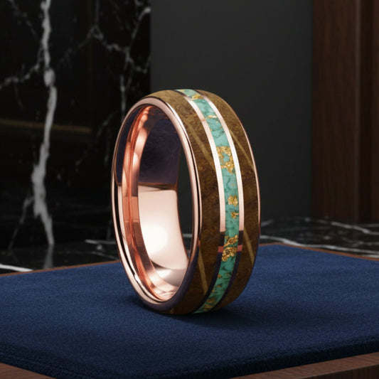 Gold Foil Turquoise Whiskey Wood Tungsten Ring