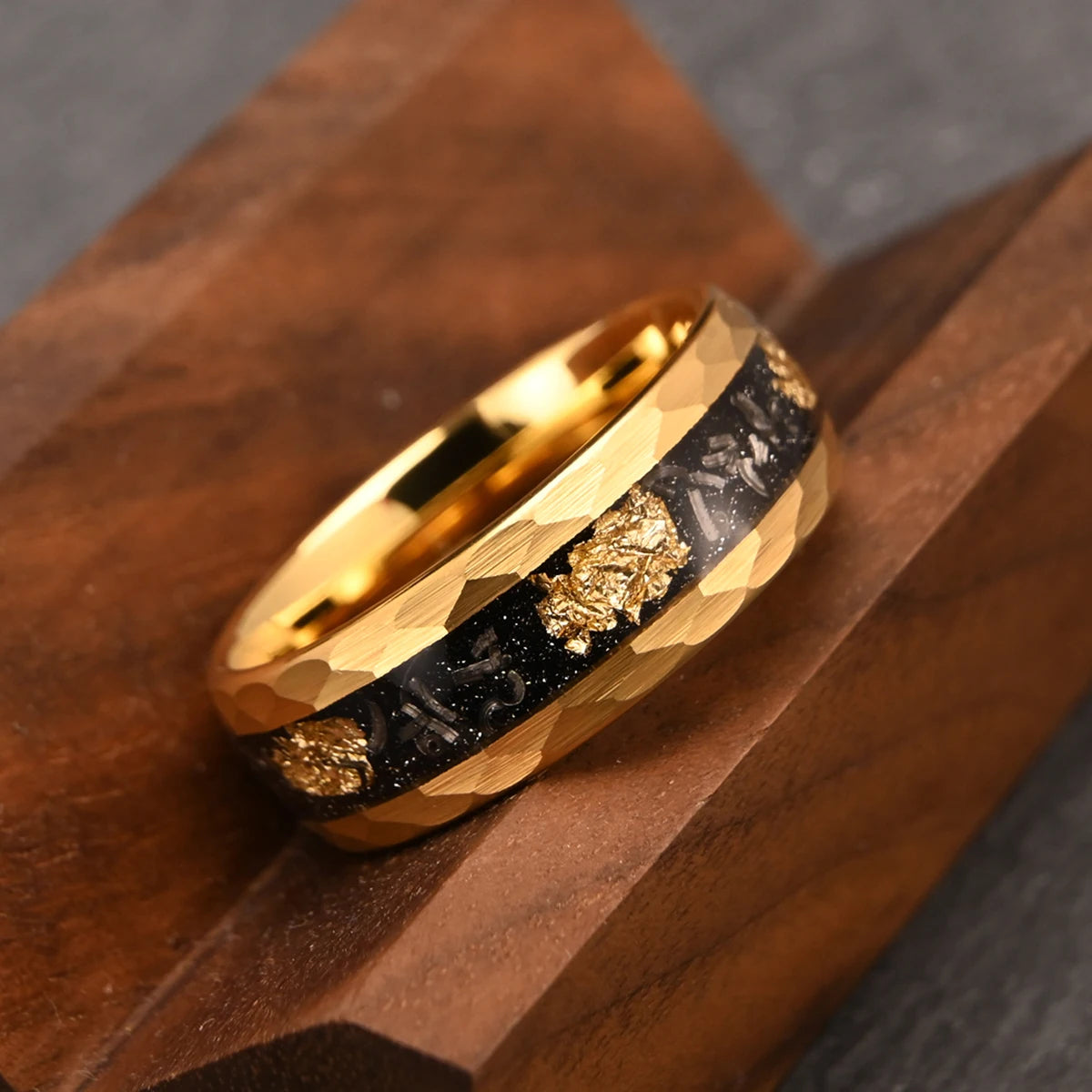 Gold Meteorite Tungsten Wedding Band with Gold Foil Inlay