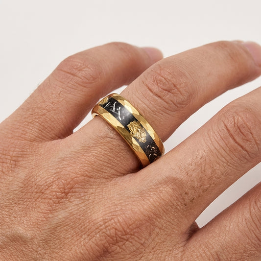 Gold Meteorite Tungsten Wedding Band with Gold Foil Inlay