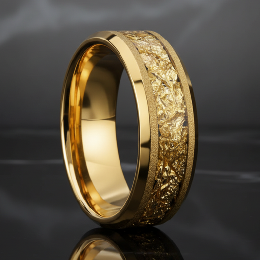 Frosted Gold Tungsten Ring with Leaf Inlay