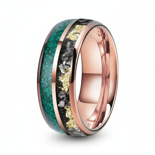 Green Malachite & Meteorite Tungsten Ring - Double Groove