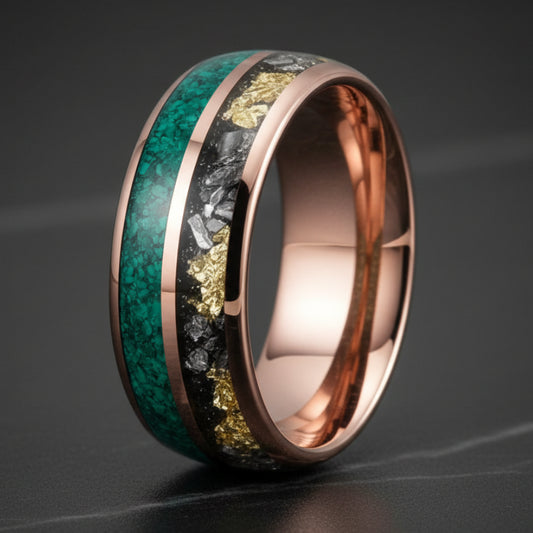Green Malachite & Meteorite Tungsten Ring - Double Groove