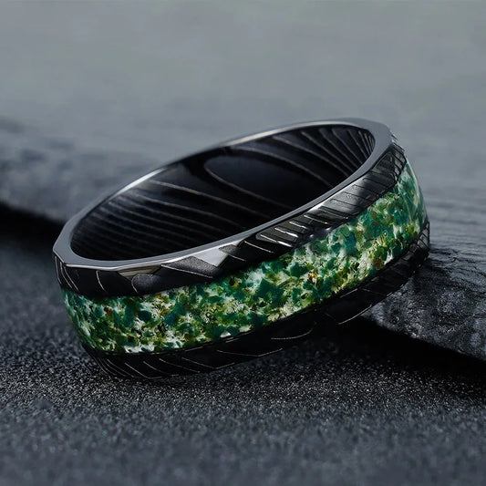 Green Nebula Tungsten Damascus Ring