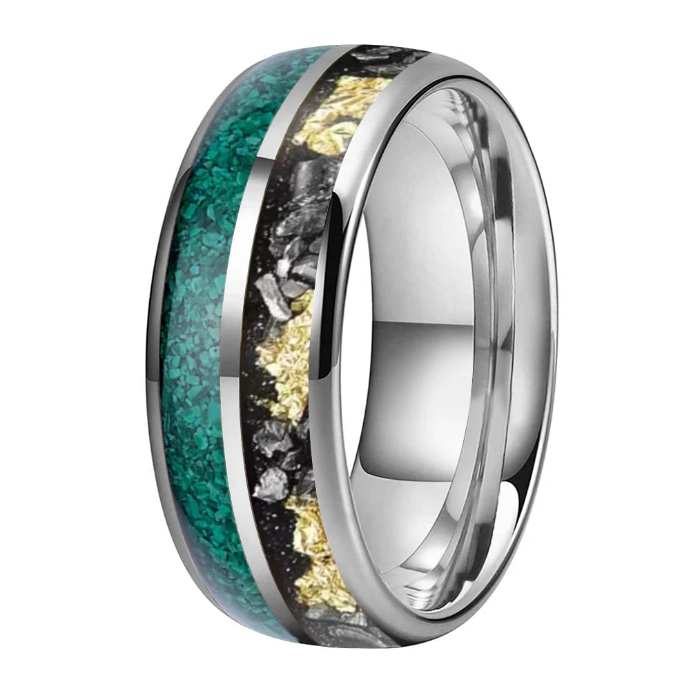 Green Malachite & Meteorite Tungsten Ring - Double Groove