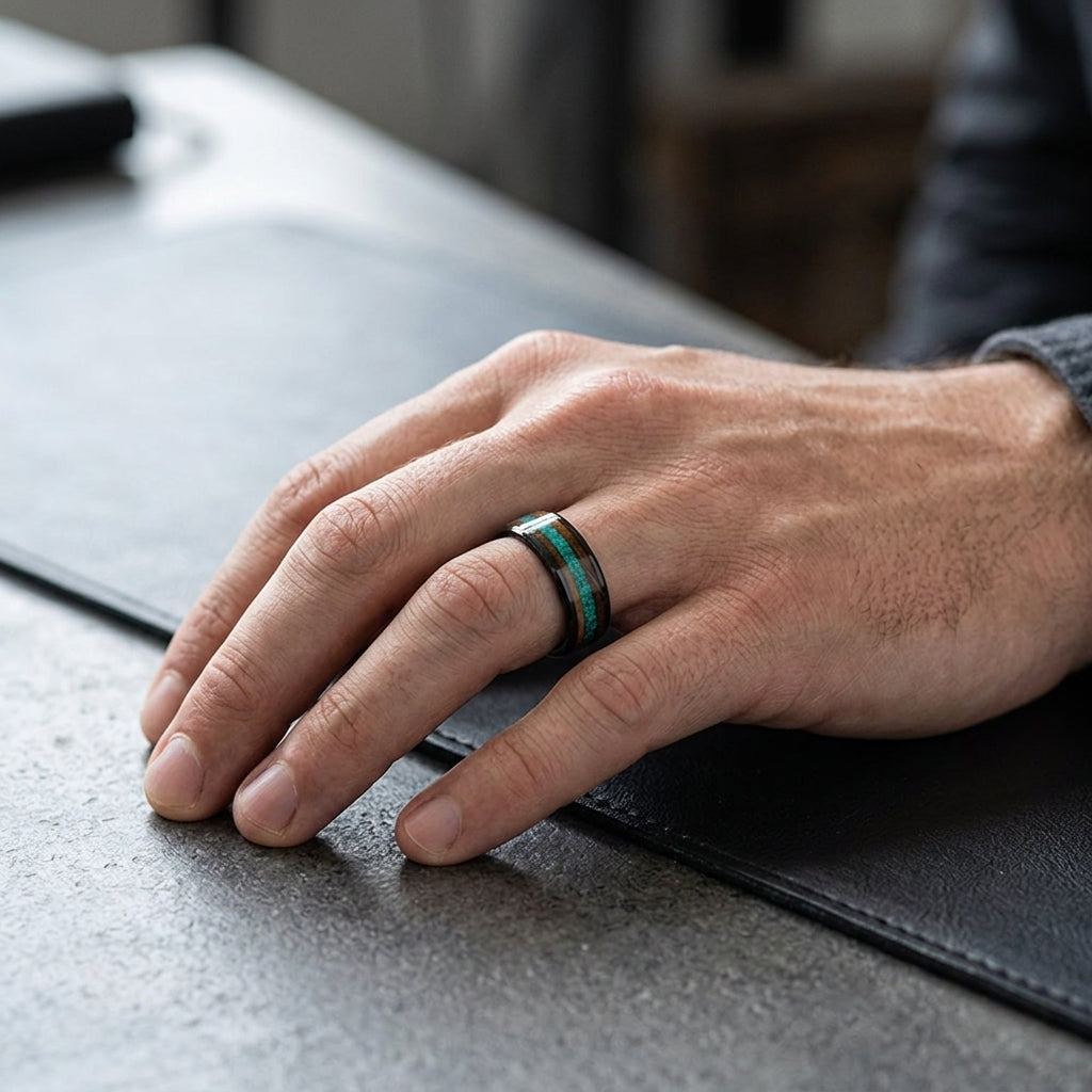 Green Opal Tungsten Ring with Whiskey Wood Inlay