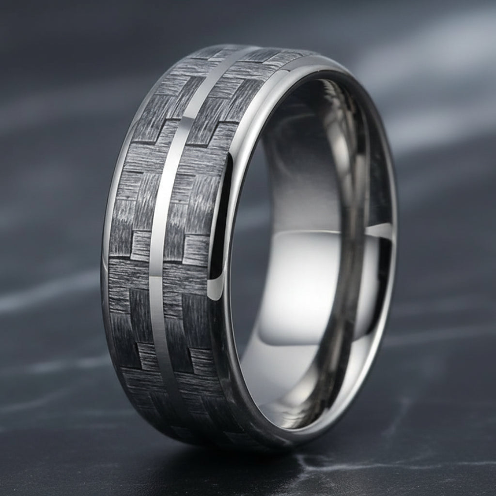 Grey Carbon Fiber Double-Groove Tungsten Ring