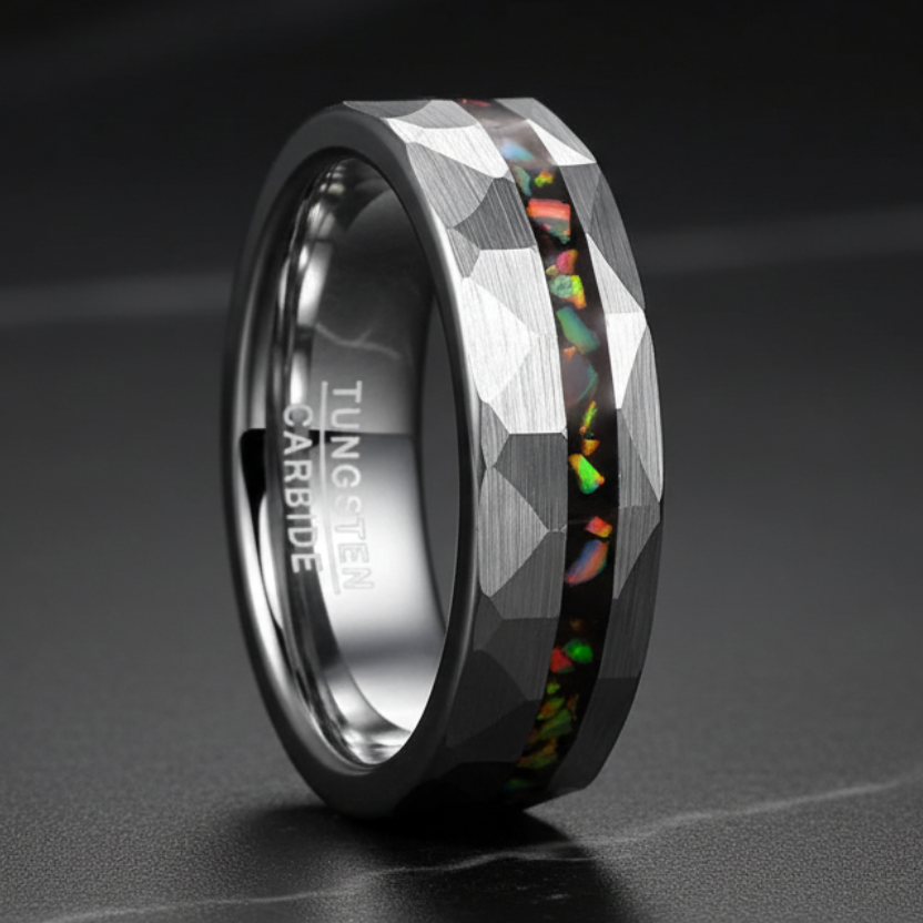 Hammered Sand Inlaid with Opal Steel tungsten Ring