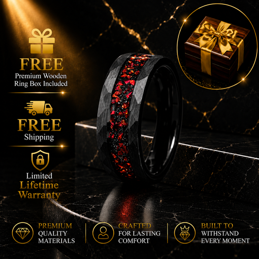 Hammered Black Tungsten Ring with Red Garnet