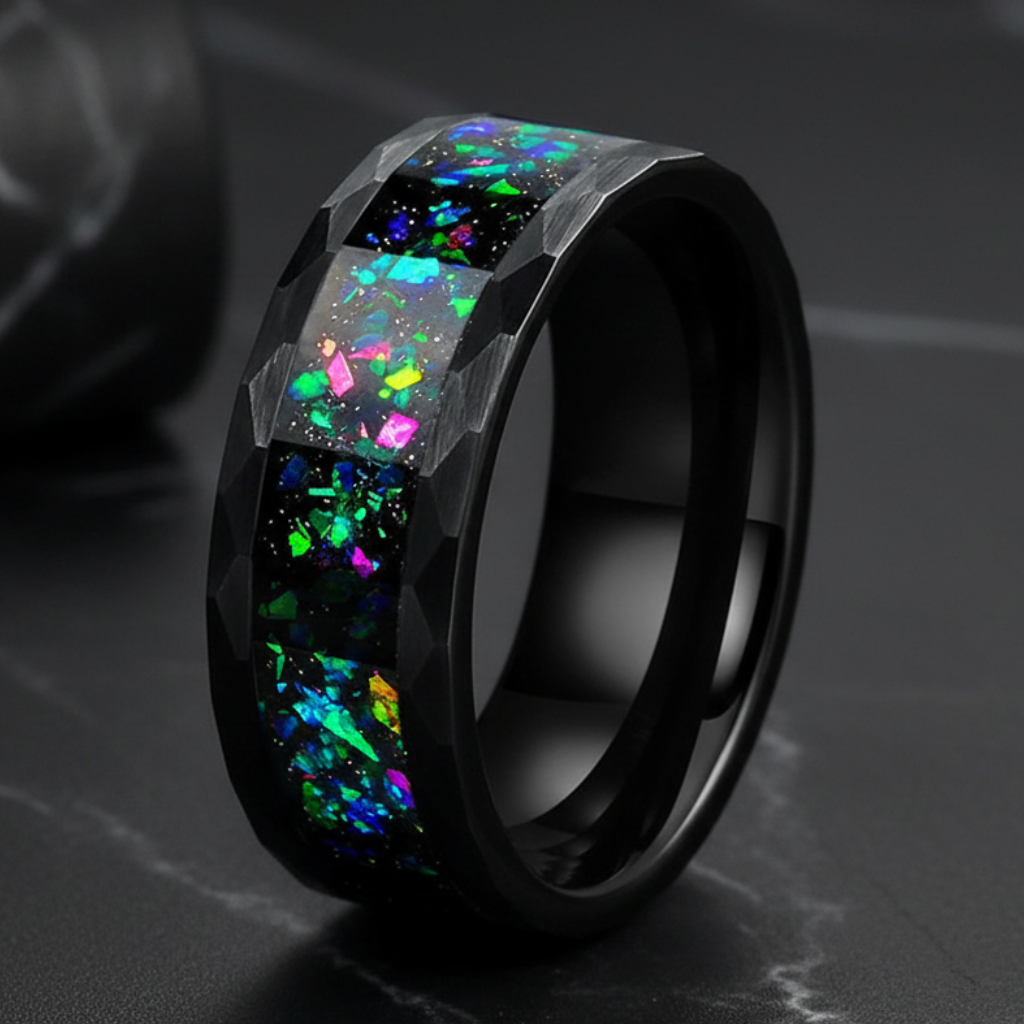 Hammered Tungsten Ring with Galaxy Opal