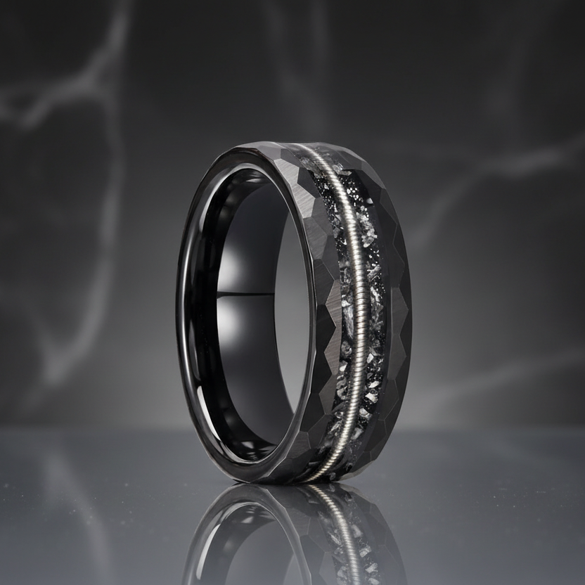 Hammered Black Tungsten Carbide Ring