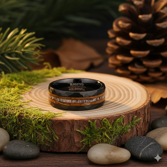 Hammered Black Tungsten Ring with Wood & Antler Inlay