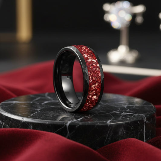 Hammered Black Tungsten Ring with Crystal Stone Inlay