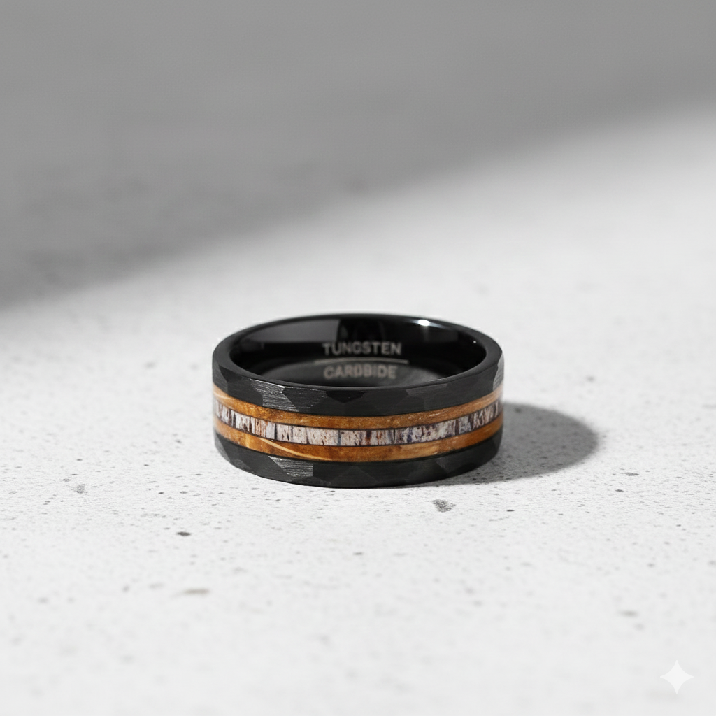 Hammered Black Tungsten Ring with Wood & Antler Inlay