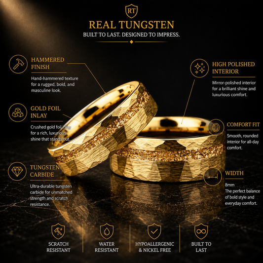 Hammered Tungsten Ring with Gold Foil Offset Groove Inlay