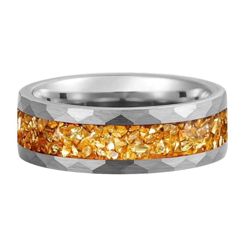 Hammered Tungsten Ring with Golden Crystal Stone Inlay