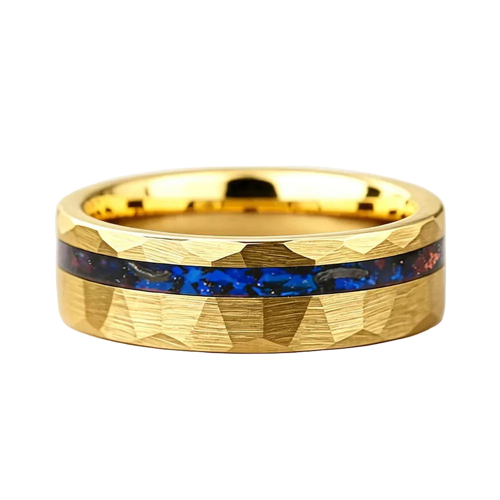 Hammered Tungsten Ring with Blue Glass Stone & Meteorite