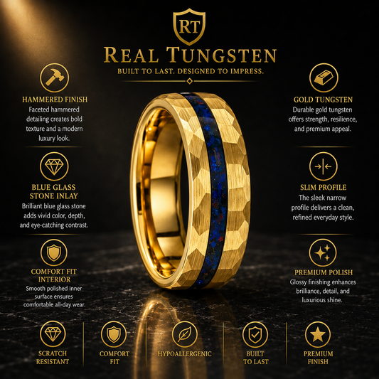 Hammered Tungsten Ring with Blue Glass Stone
