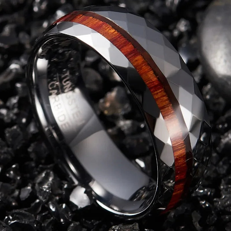 Hand-Cut Wood Inlay 8mm Tungsten Ring for Men