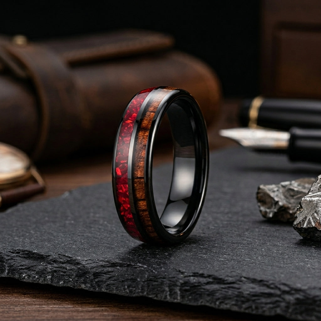 6mm Hawaiian Koa Wood Red Crystal Tungsten Ring
