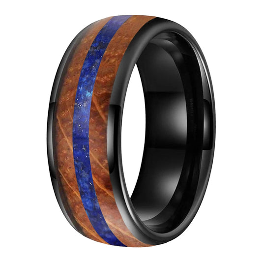 Inlaid Blue Opal Wood Tungsten Ring