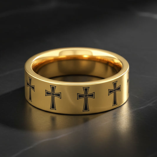Laser Engraved Cross Tungsten Wedding Band