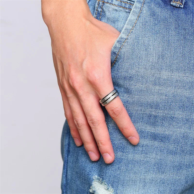 Men’s Silver Tungsten Wedding Band – Blue/Gray Line