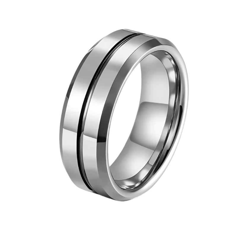 Men’s Silver Tungsten Wedding Band – Blue/Gray Line