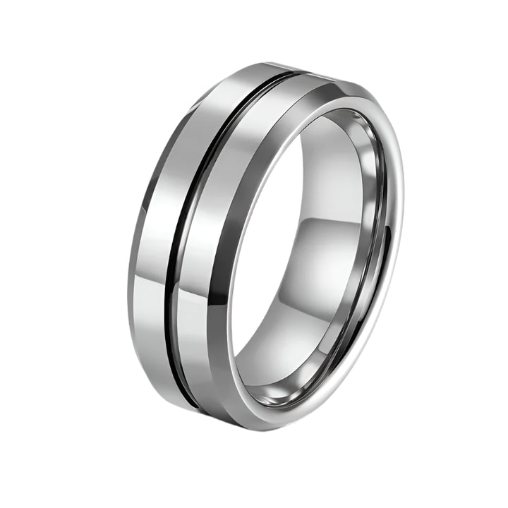 Men’s Silver Tungsten Wedding Band – Blue/Gray Line