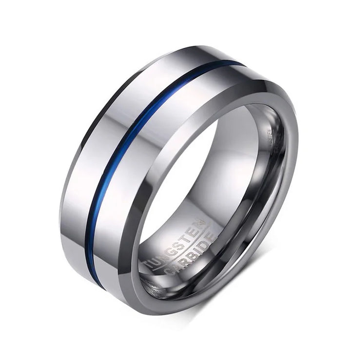 Men’s Silver Tungsten Wedding Band – Blue/Gray Line