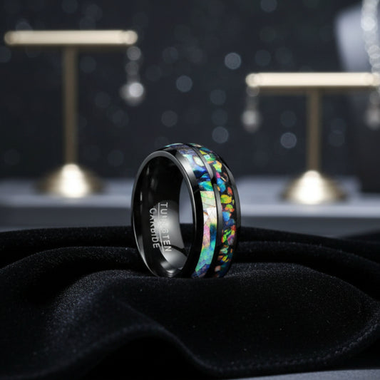 Mens_Black_Tungsten_Ring_with_Opal__Shell_Inlay
