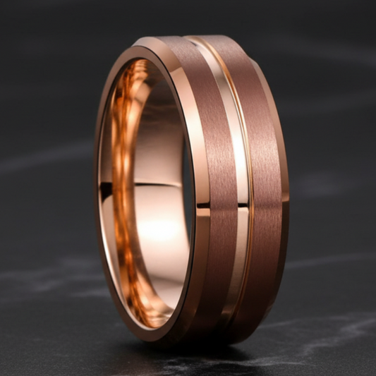 Men’s Brown Tungsten Ring with Rose Gold Groove