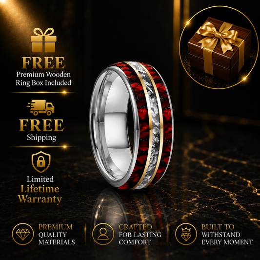 Meteorite Tungsten Ring with Red Opal Inlay