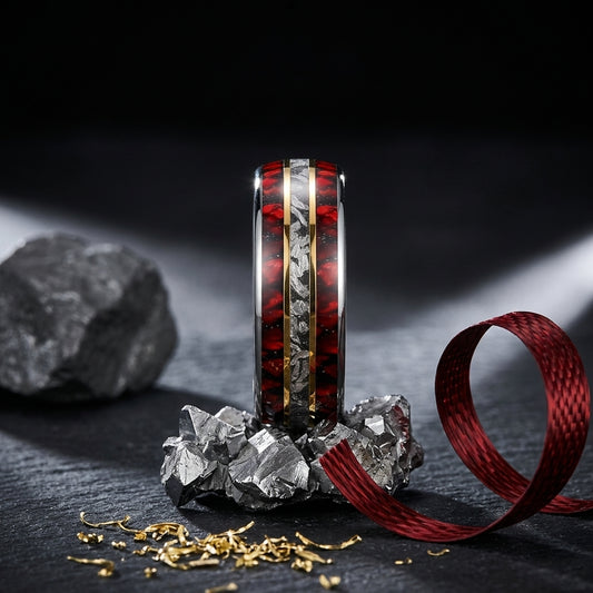 Meteorite Tungsten Ring with Red Opal Inlay (8mm)