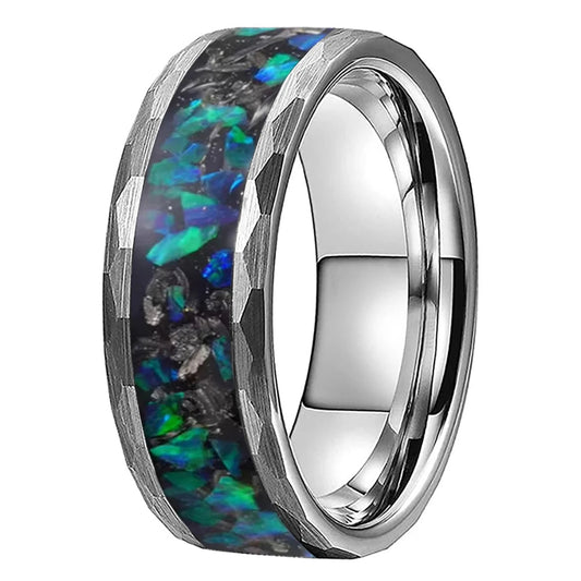Meteorite and Opal Inlay Black Hammered Tungsten Ring