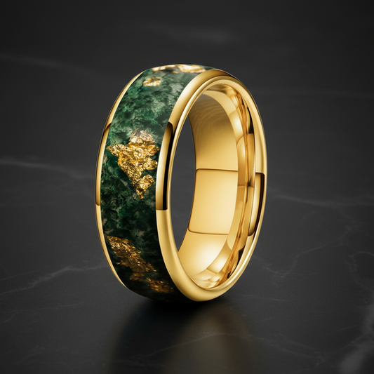 Moss Agate & Gold Foil Inlay Tungsten Wedding Ring
