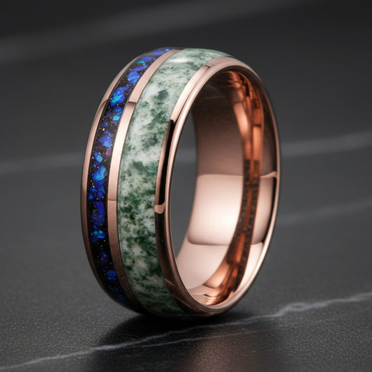 Rose gold Tungsten ring with green and blue inlay