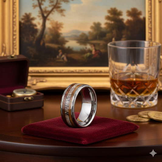 Oak Wood Deer Antler Hammered Tungsten Ring